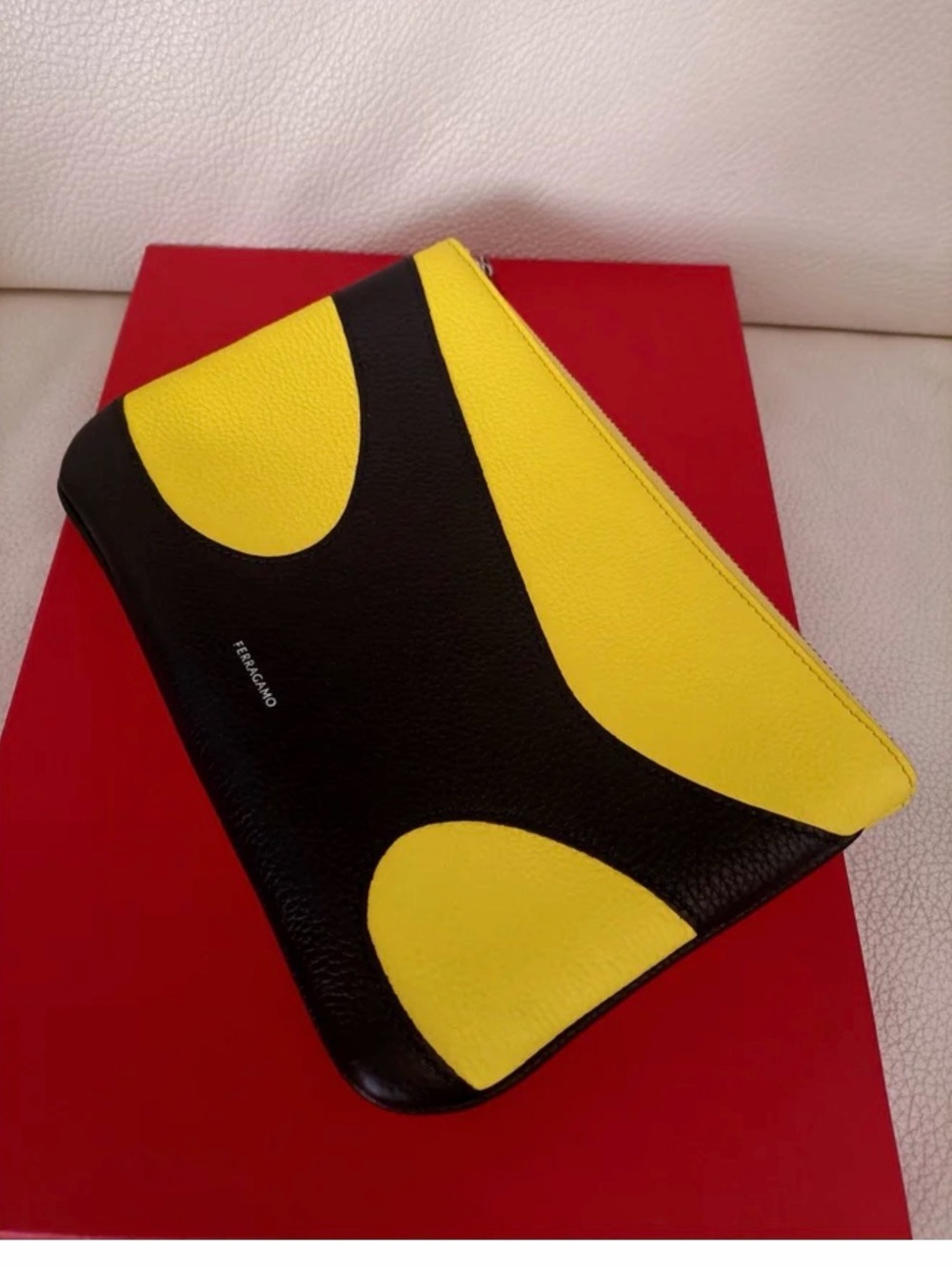 Ferragamo Yellow & Black Leather Zip Clutch